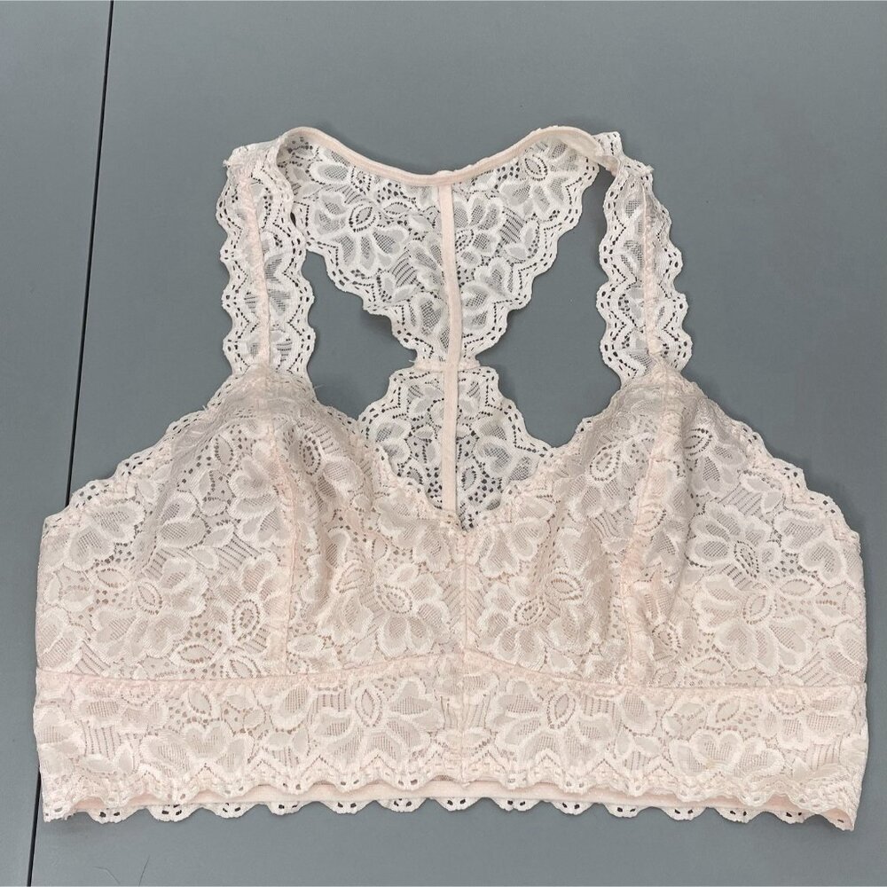 Felina Bra Light Pink Wireless Sexy Racerback Coquette Bralette Floral Lace M